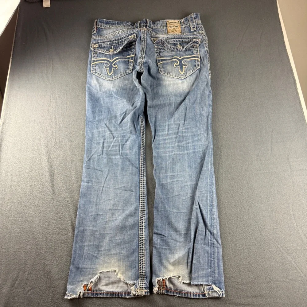 Rock Revival Antonio Jeans Men's 36 (Fits 38x36) Blue Bootcut Thick Stitch Y2K